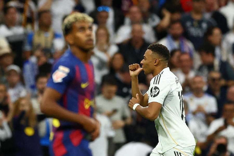 Real Madrid's Kylian Mbappe celebrates scoring a goal that was later disallowed for offside