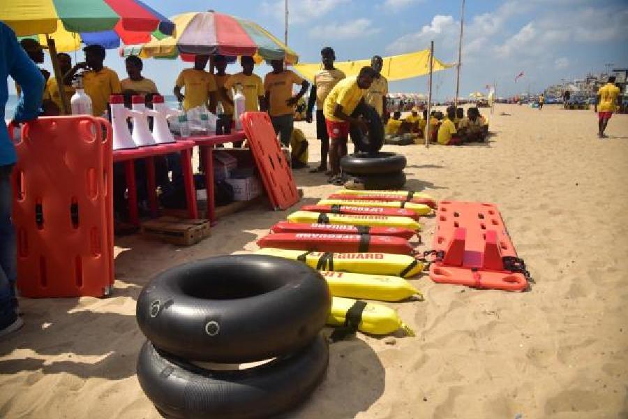 Lifeguard volunteers at the Puri Beach on Sunday.