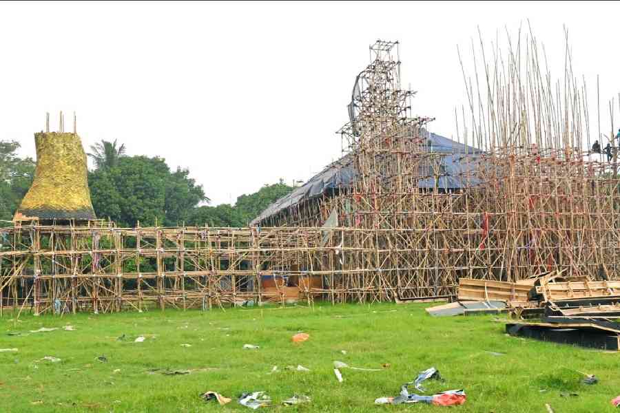 The bamboo structure of Deshapriya Park’s Durga Puja pandal on Sunday