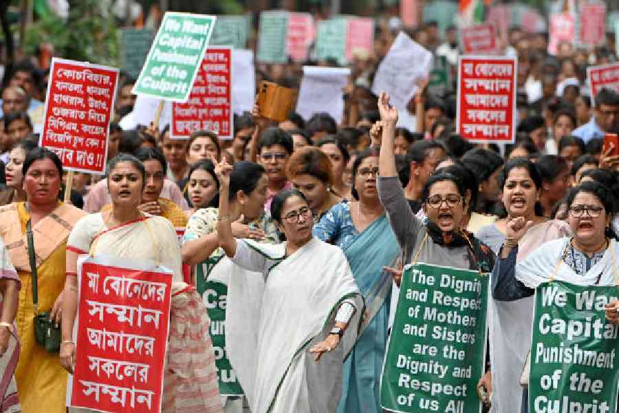 Mamata Banerjee leads a rally in Calcutta in August last year against the brutal murder and rape of a junior doctor