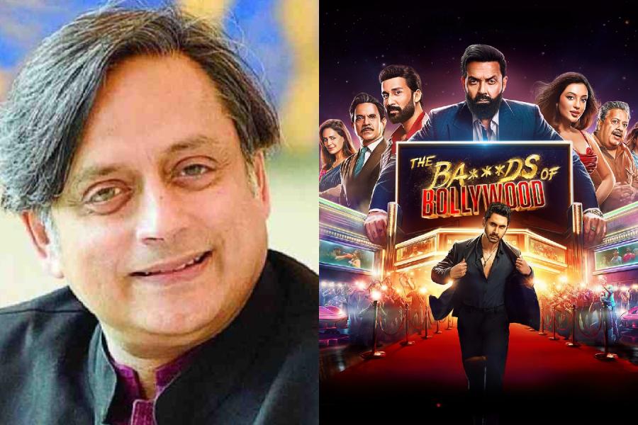 (left to right) Shashi Tharoor, a poster of ‘The Ba***ds of Bollywood’
