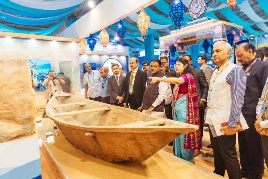 Mohan Charan Majhi at the Odisha Pavillion at India Maritime Week in Mumbai on Monday
