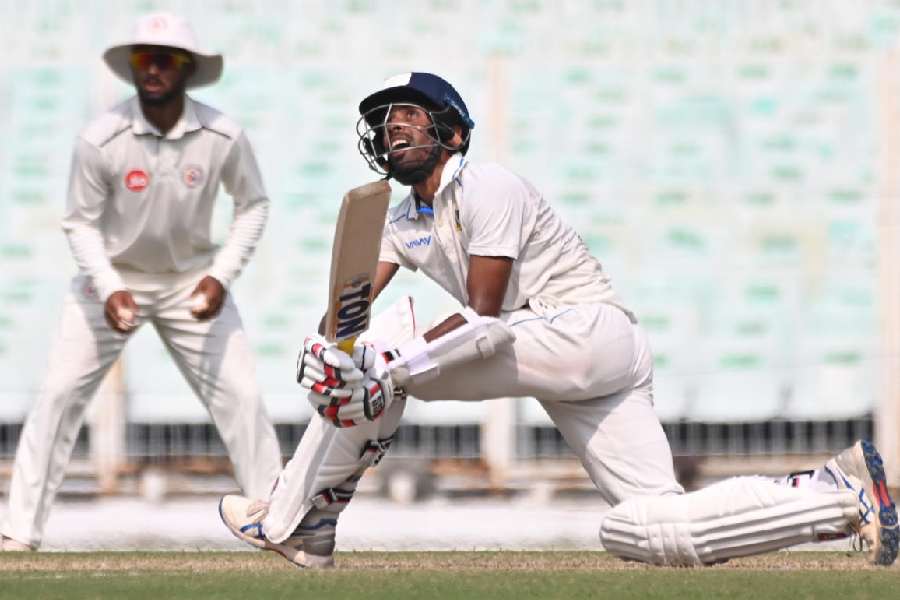 Bengal captain Abhimanyu Easwaran on Day III of the Ranji match against Gujaratat Eden Gardens on Monday.