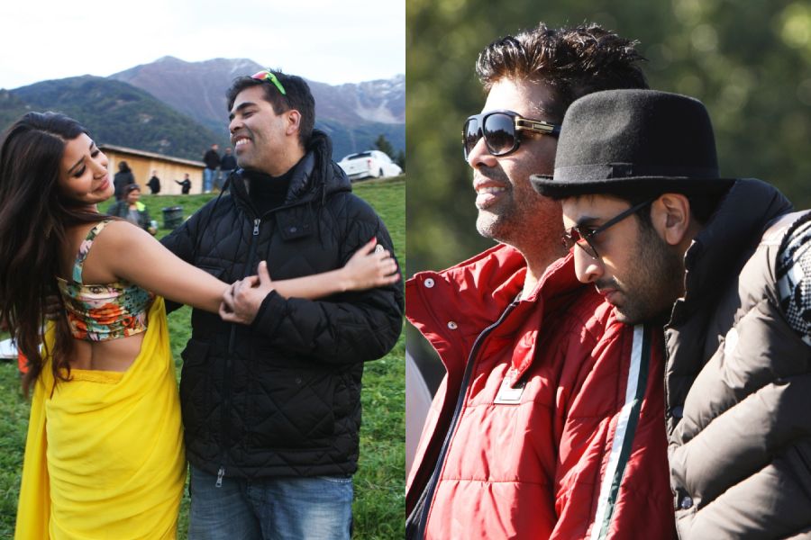 Karan Johar with (left) Anushka Sharma and Ranbir Kapoor (right) on the sets of ‘Ae Dil Hai Mushkil’