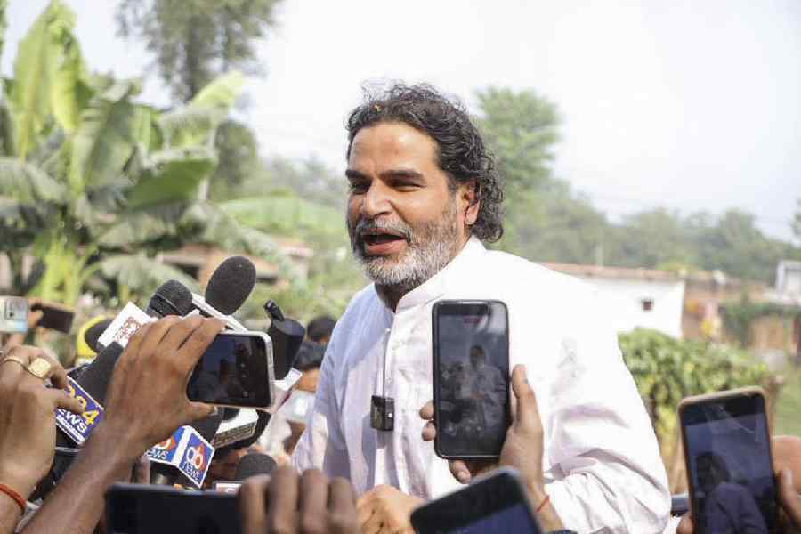 Jan Suraaj chief Prashant Kishor speaks to the media amid campaign for Bihar Assembly polls, in West Champaran, Bihar, Friday, Oct. 24, 2025.