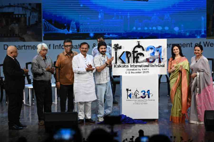 The logo for the 31st Kolkata International Film Festival being unveiledat Rabindra Sadan on Tuesday. Picture by Bishwarup Dutta