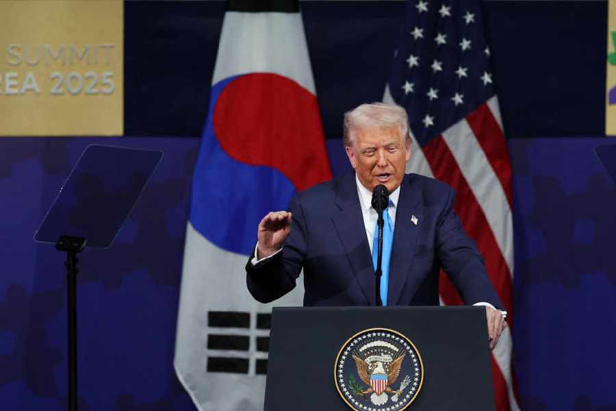 U.S. President Donald Trump speaks at the 2025 Asia-Pacific Economic Cooperation (APEC) CEO Summit in Gyeongju, South Korea