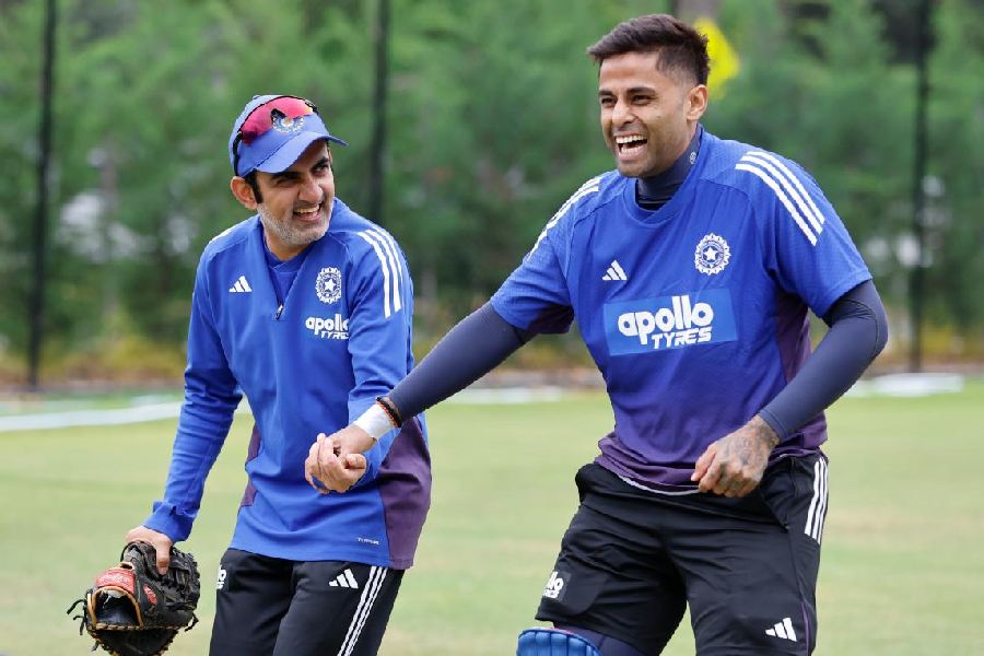 Captain Suryakumar Yadav and head coach Gautam Gambhir share a laugh on the sidelines of India’s training            in Canberra, ahead of the first T20I against Australia beginning on Wednesday.