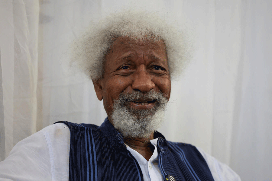 Nobel laureate Wole Soyinka smiles during a press conference as he responds to questions about the revocation of his U.S. visa, in Lagos, Nigeria.