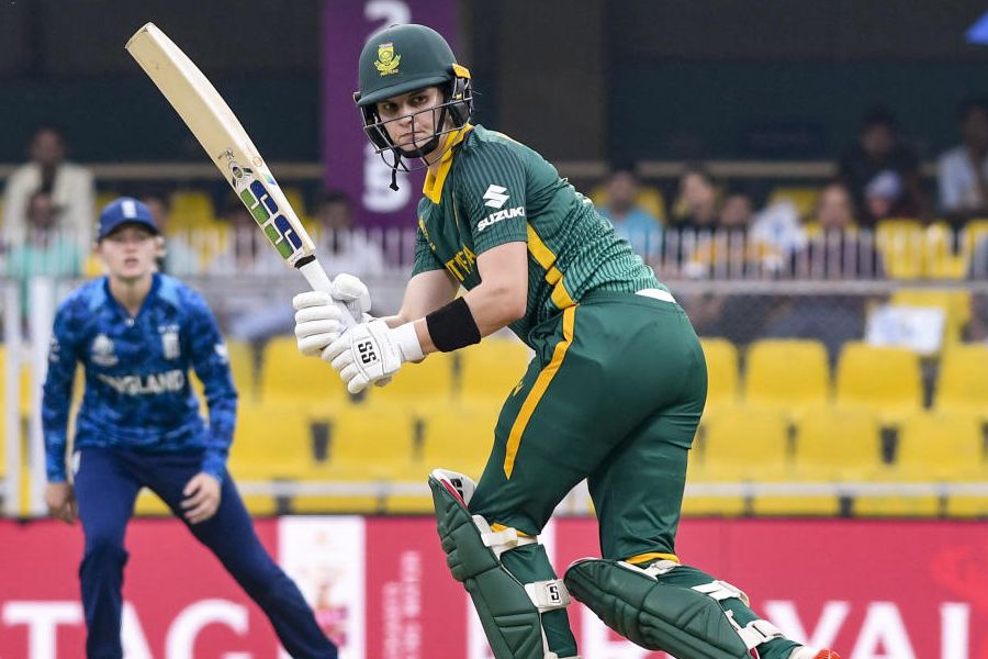 South Africa's Laura Wolvaardt plays a shot during the first semi-final of the ICC Women's Cricket World Cup 2025 One-Day International (ODI) match between South Africa and England, at ACA Stadium, in Guwahati, Assam, Wednesday, Oct. 29, 2025.
