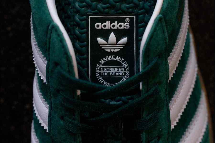 The logo of Adidas is seen on a Gazelle sneaker for sale at a shop in Berlin, Germany, May 2, 2024.