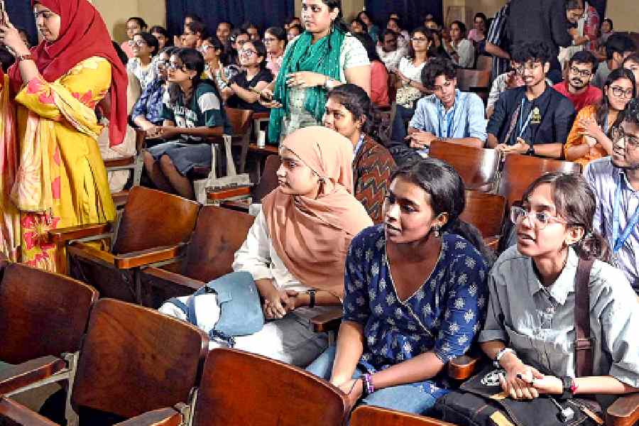 Students at the Loreto College auditorium on Wednesday.