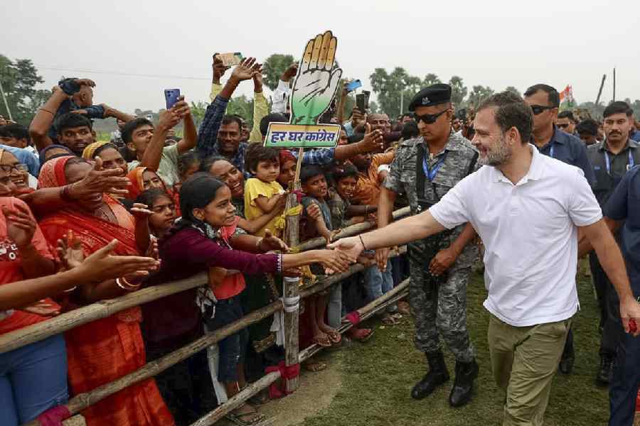 Rahul Gandhi being greeted by supporters during a public meeting ahead of the Bihar Assembly elections, in Muzaffarpur, Bihar.