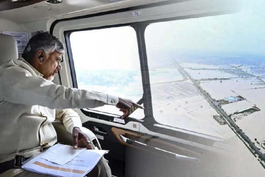 N Chandrababu Naidu conducts an aerial survey of the areas affected on Wednesday. 