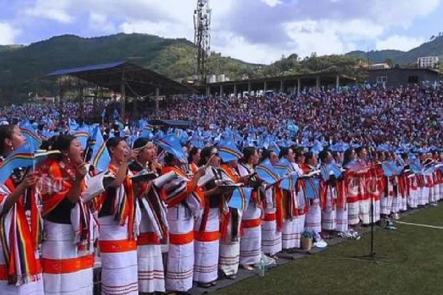 A Naga choir performs at the civic reception for Th Muivah at the Senapati stadium on Wednesday