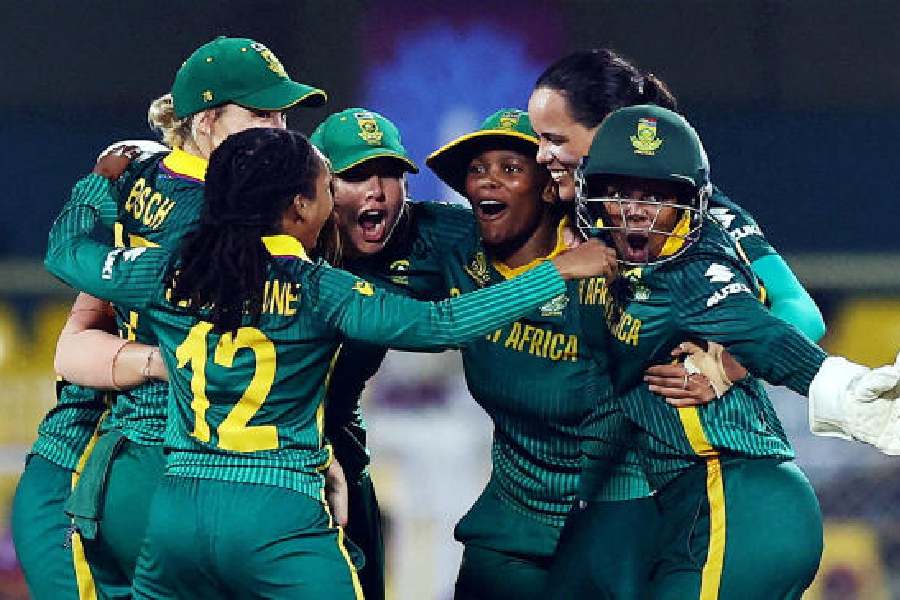 South Africa players celebrate on making the Women’s World Cup final, after beating four-time champions England by 125 runs in Guwahati on Wednesday.