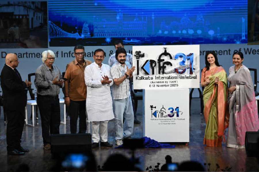 The logo for the 31st Kolkata International Film Festival being unveiled at Rabindra Sadan on Tuesday. Picture by Bishwarup Dutta