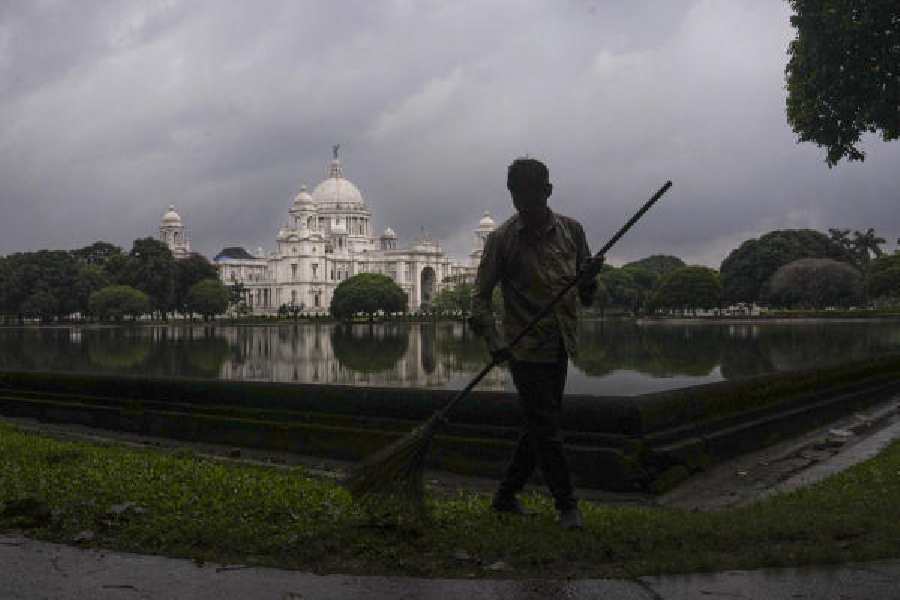 Dark clouds gather over Victoria Memorial amid rainy weather in Kolkata on Wednesday.