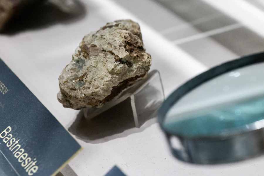 A sample of bastnaesite ore, a mineral used in the rare earth industry to extract elements such as cerium, lanthanum, and neodymium, is displayed at the Geological Museum of China in Beijing, China, October 14, 2025