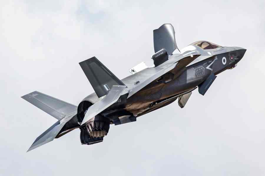 An RAF F-35B Lightning II demonstrating a vertical landing