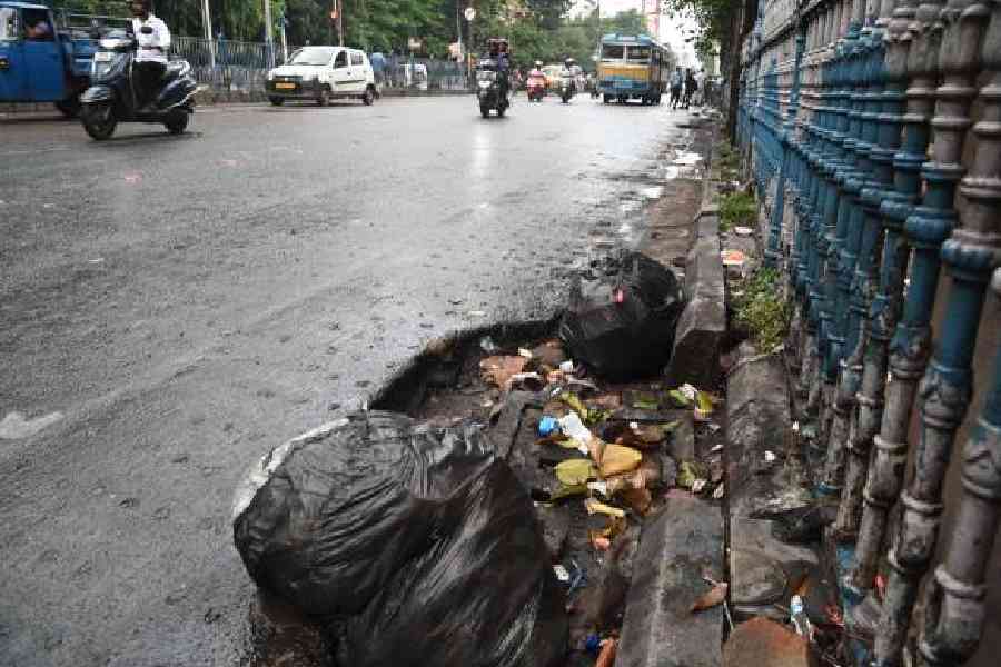 A choked gully pit in central Calcutta on Wednesday.            Picture by Sanat Kr Sinha