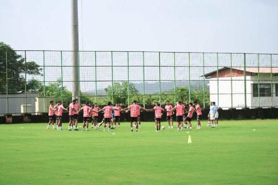 East Bengal players practise at the Salvador do Mundo training ground in Goa on Thursday. (Picture courtesy: EEB)