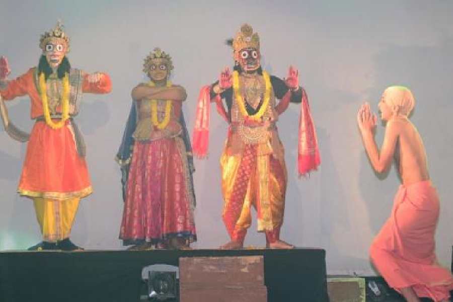 Hariyana Vidya Mandir students stage a scene with lord Jagannath, his siblings and Sri Chaitanya Mahaprabhu