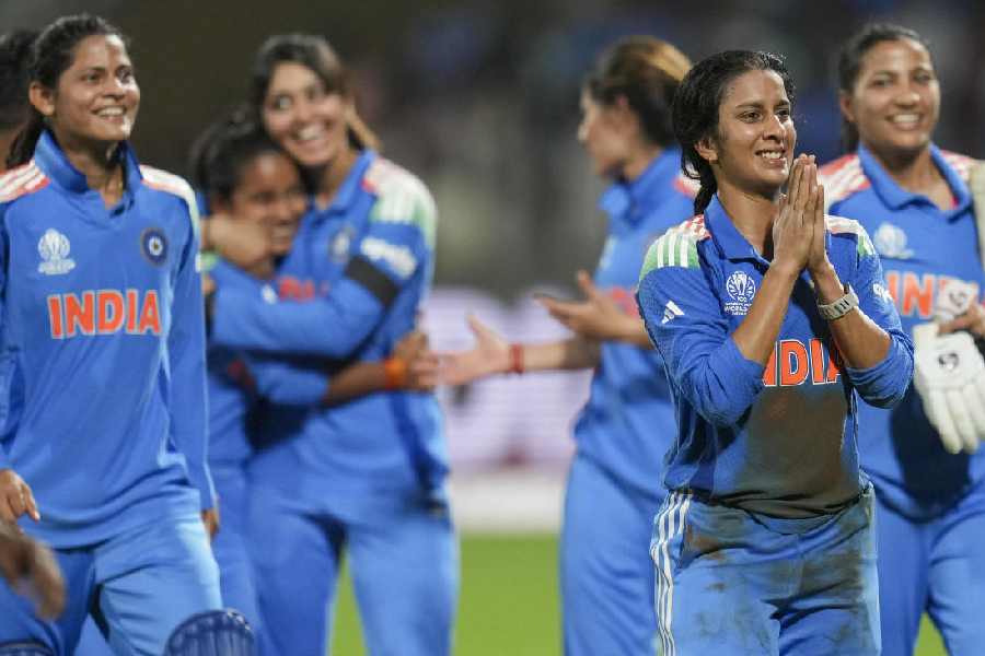 India's Jemimah Rodrigues with teammates celebrates after winning in the ICC Women's World Cup semifinal ODI cricket match