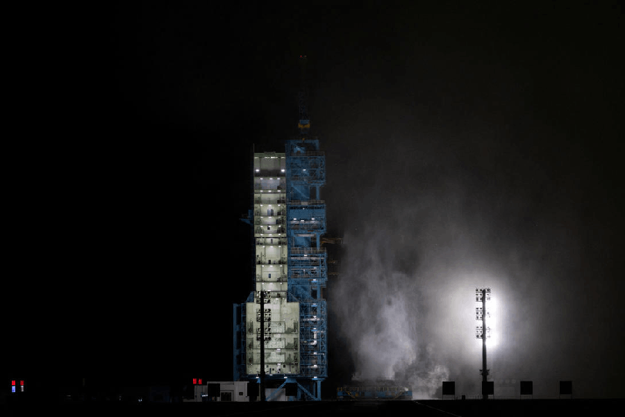 A view on the launchpad after Long March 2F rocket carrying the Shenzhou-21 spacecraft with astronauts Zhang Hongzhang, Zhang Lu, and Wu Fei blasted off to China's Tiangong space station from the launchpad at the Jiuquan Satellite Launch Center, near Jiuquan, Gansu province, China October 31, 2025.