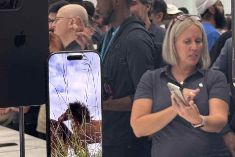 The Telegraph file picture of iPhone 16 on display at Apple Park in September 2024