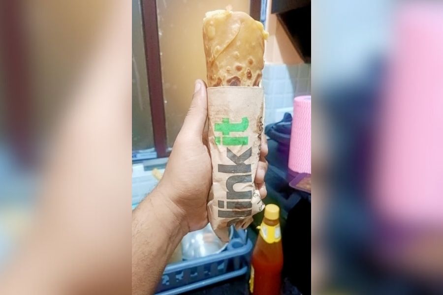 Subhadip Das’s homemade roll wrapped in a Blinkit envelope