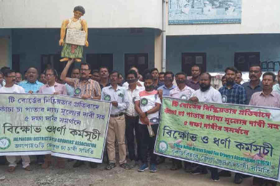 Small tea growers demonstrate in front of the Tea Board’s office in Jalpaiguri on Tuesday. Picture by Biplab Basak