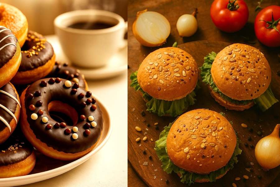 Chocolate-filled doughnuts (left); Chicken Oats Burgers