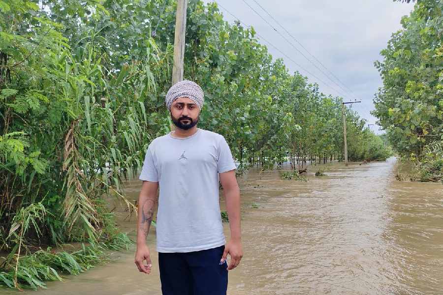 Harjap Singh standing outside his fields, which have already been swallowed by Sutlej.