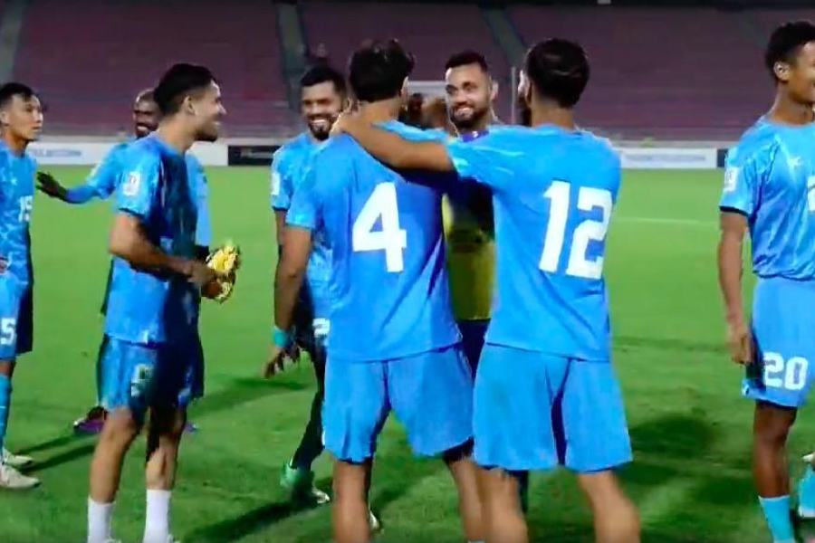 India players celebrate their win over Oman in Monday's Cafa Nations Cup, in a picture posted on X