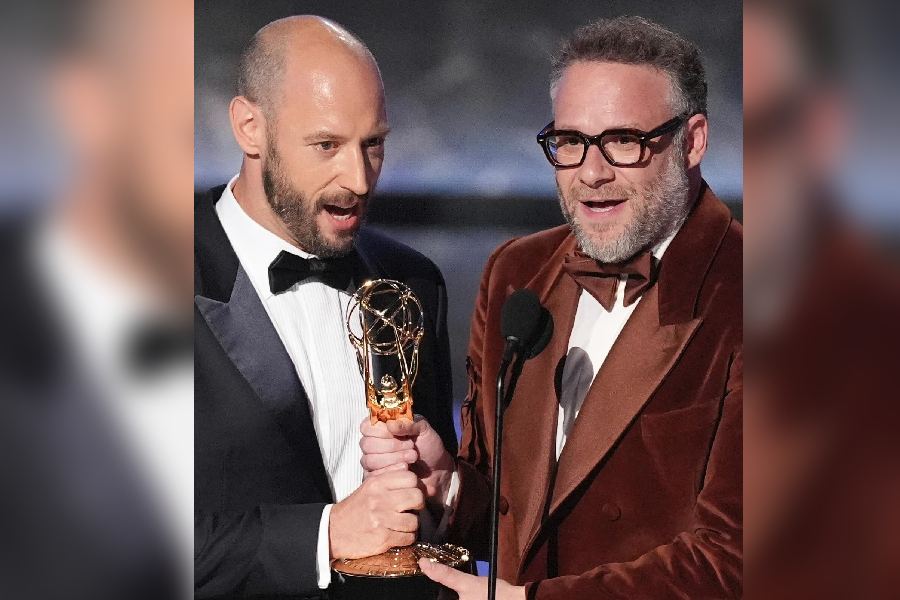 Evan Goldberg and Seth Rogen on Emmys 2025 stage