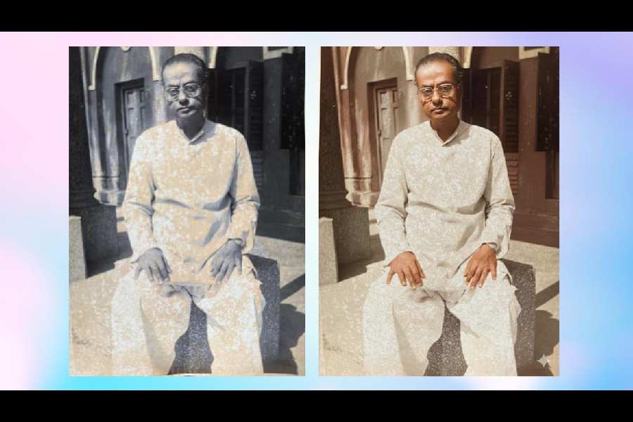 Prompt: Colourise the attached photo, including the background. Correct focus. Get rid of the patches from the photo.