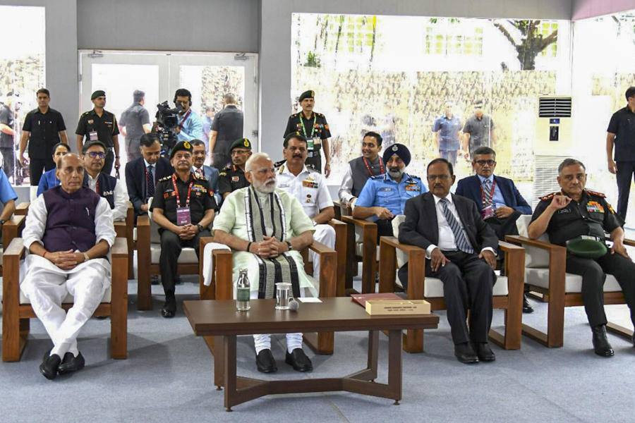 Prime Minister Narendra Modi with Defence Minister Rajnath Singh and other dignitaries during the Combined Commanders Conference at the Indian Army's Eastern Command headquarters, in Kolkata.