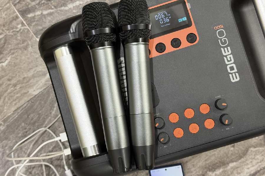 The box includes two microphones for karaoke sessions.