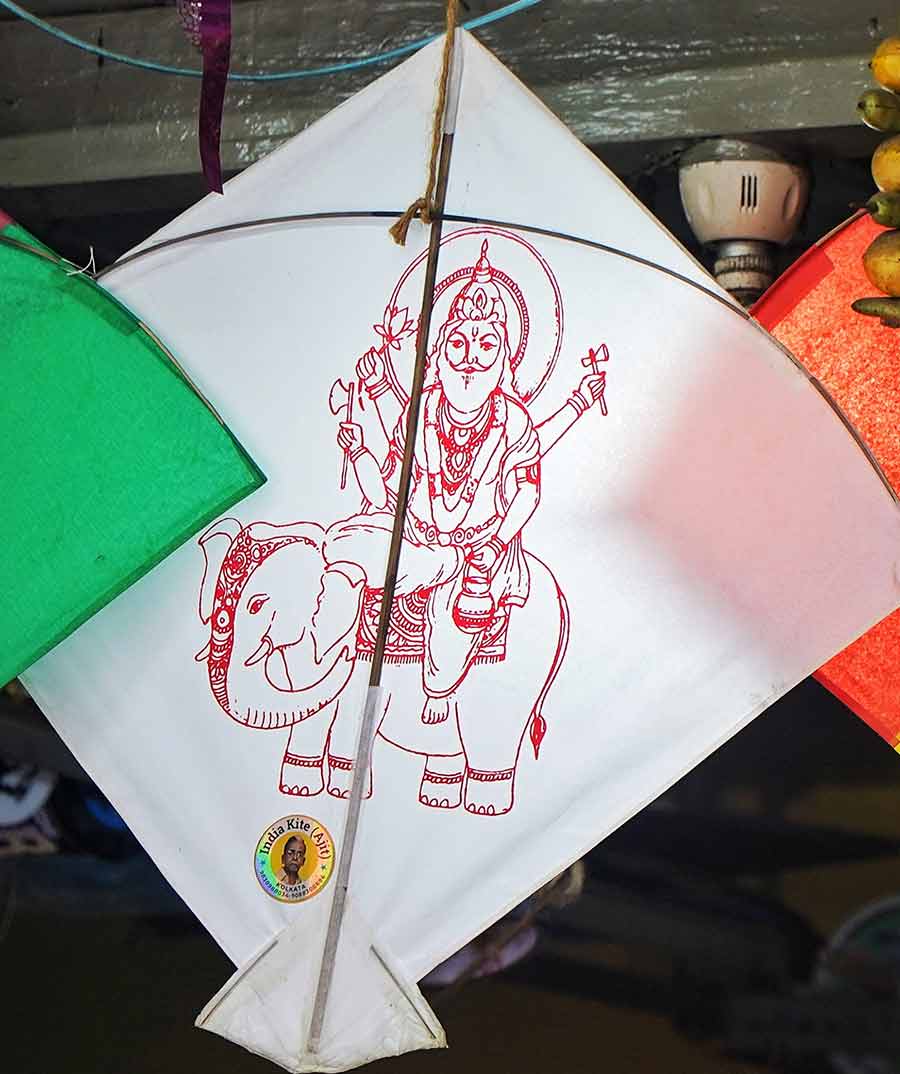 No celebration of Vishwakarma is incomplete without a kite with an imprint of the lord. This one was available for Rs 15 near Santosh Mitra Square