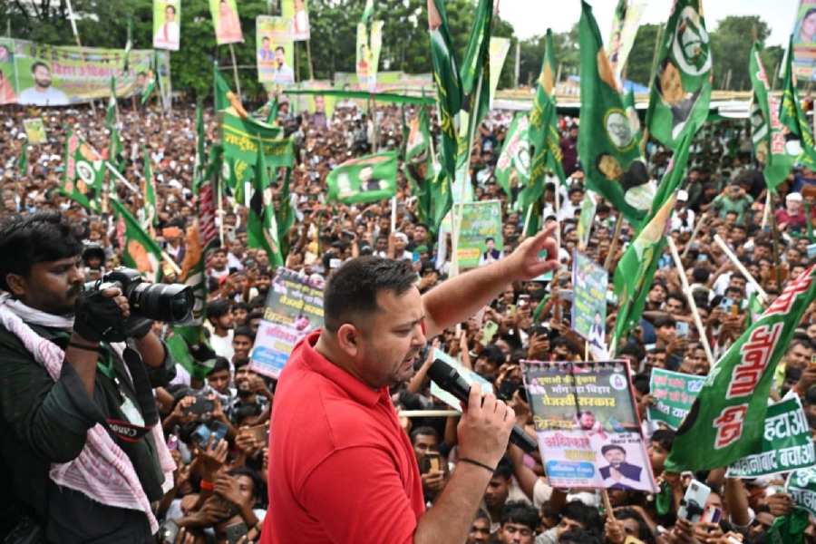 Tejashwi Yadav addresses a rally in Jehanabad on Tuesday.