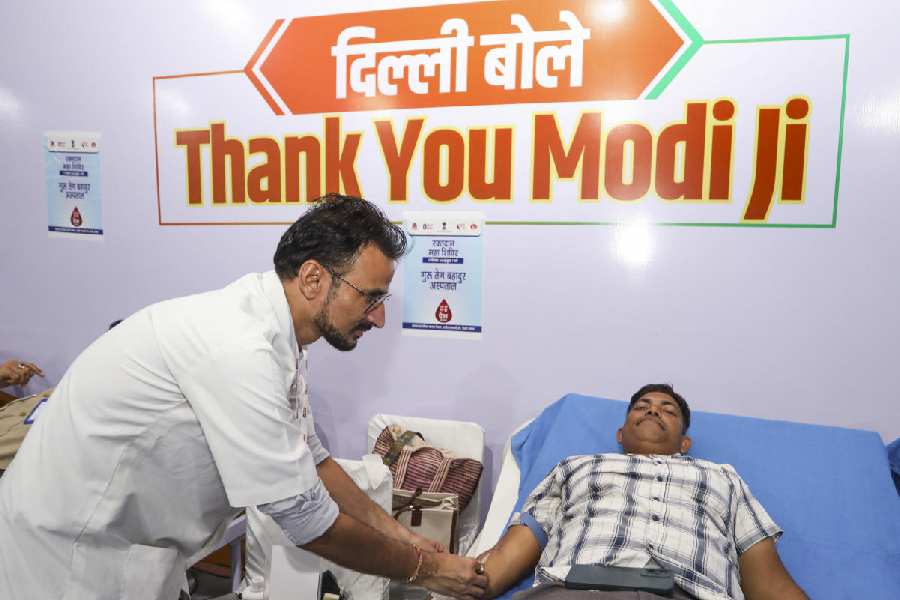 A blood-donation camp organised on the occasion of Prime Minister Narendra Modi’s birthday at Kartavya Path in New Delhi on Wednesday.
