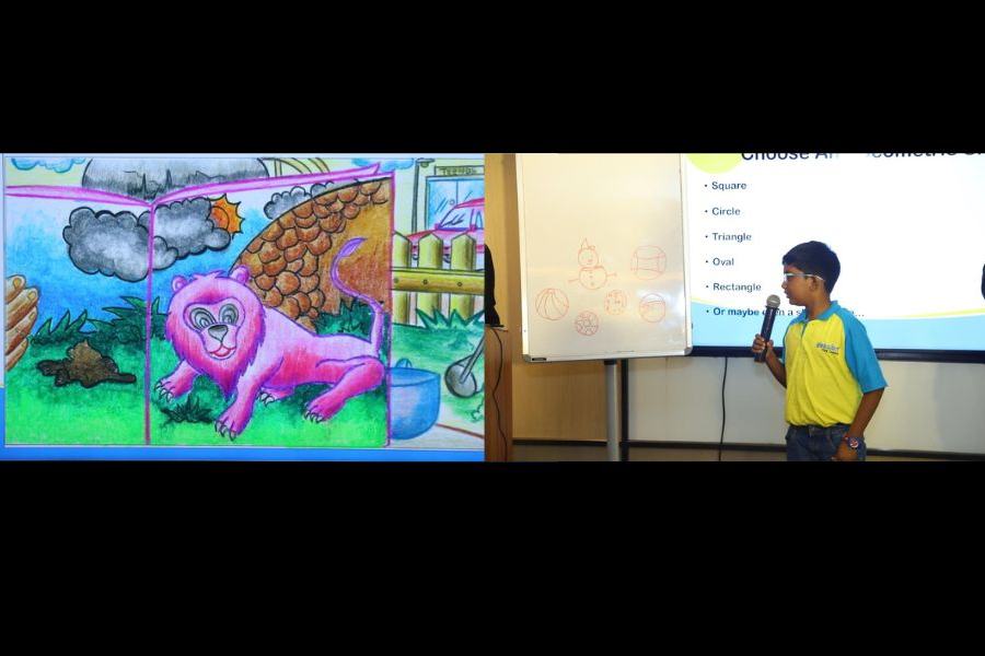 An artwork by Globalart students. (Below) Class III student Arnit Majumdar interacts with the audience after showcasing some artwork.