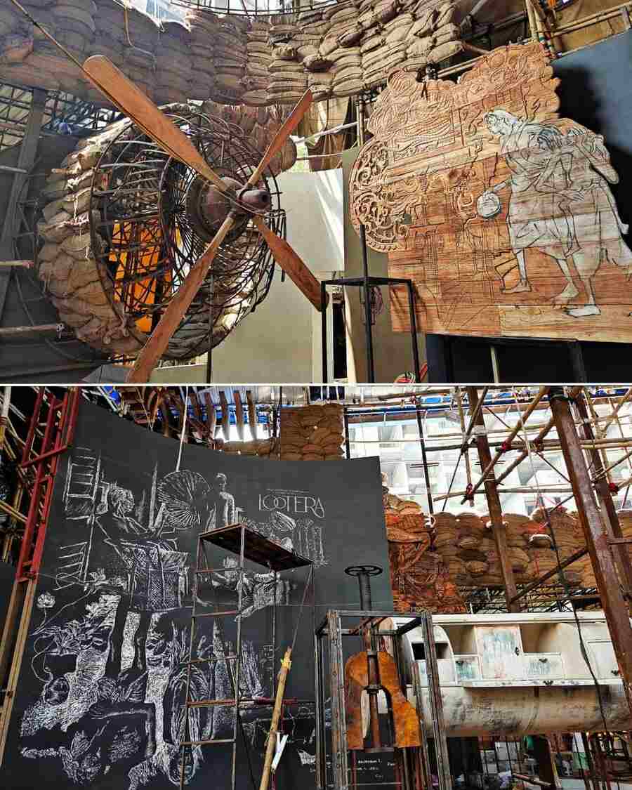 Behala Friends Club’s theme is ‘Nobanno Wounds War and Hunger’, imagined by artist Pradip Das