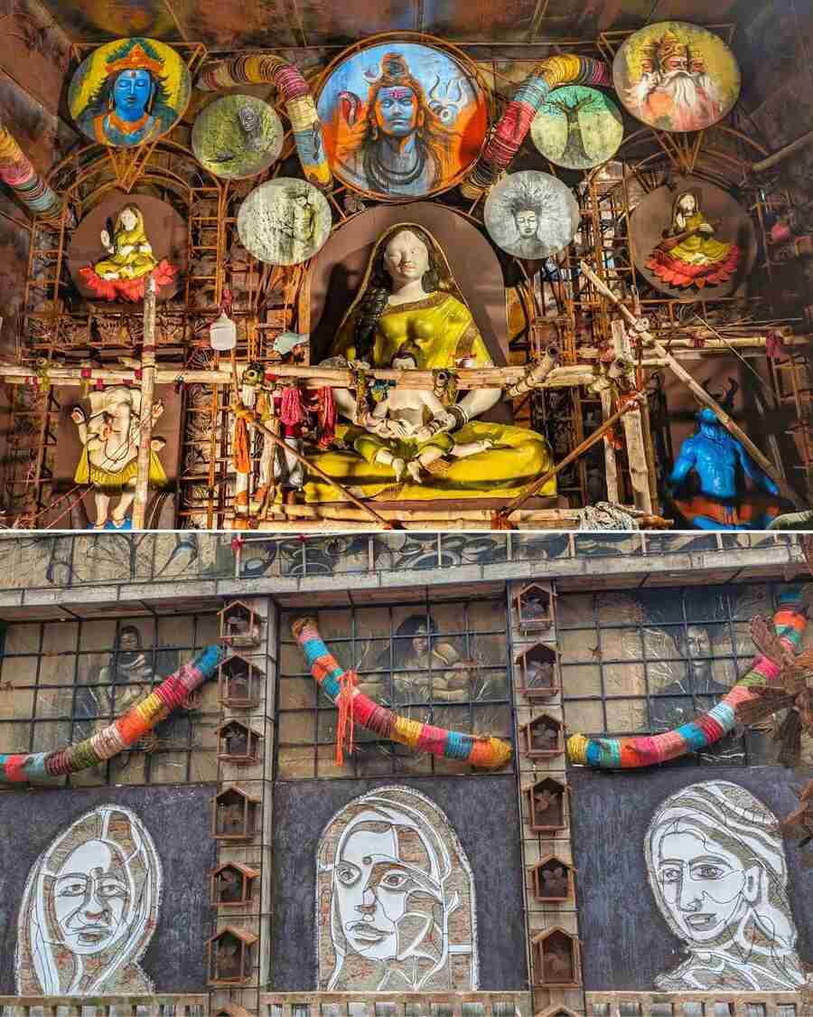 Ultadanga Sangrami, near Ultadanga Crossing, has the theme ‘Satta Ramkinkar Baij Kahini Sujata’r Ablambane’ by artist Gauranga Das