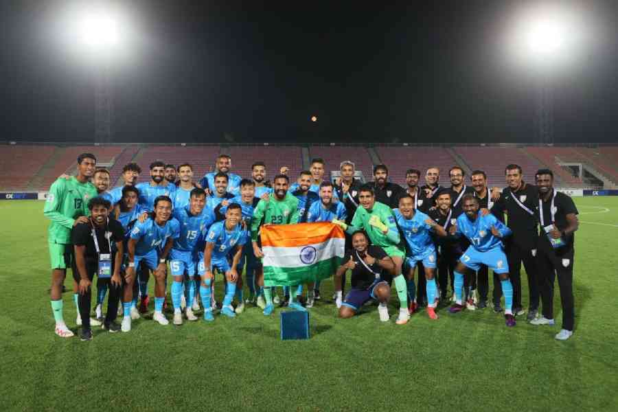 Indian football team celebrates after finishing third in the recently-concluded Cafa Nations Cup in Hisor, Tajikistan.  