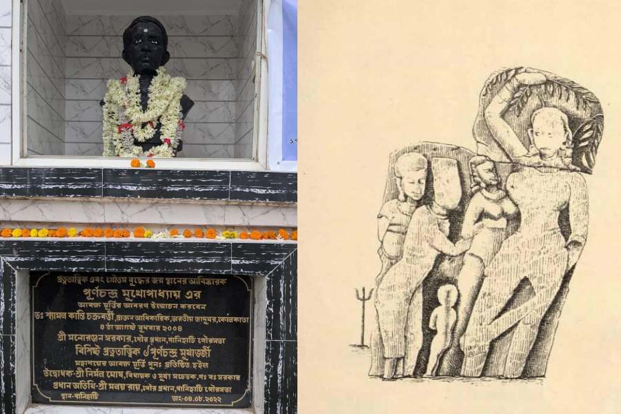 BURIED: The bust of Mukherji; his sketch of a relic depicting the birth of the Buddha from the pages of an ASI report