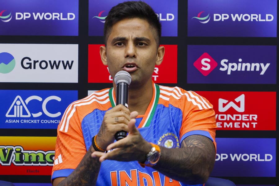 India's captain Suryakumar Yadav with teammates during the Asia Cup 2025 Super Four match between India and Pakistan, in Dubai, UAE.