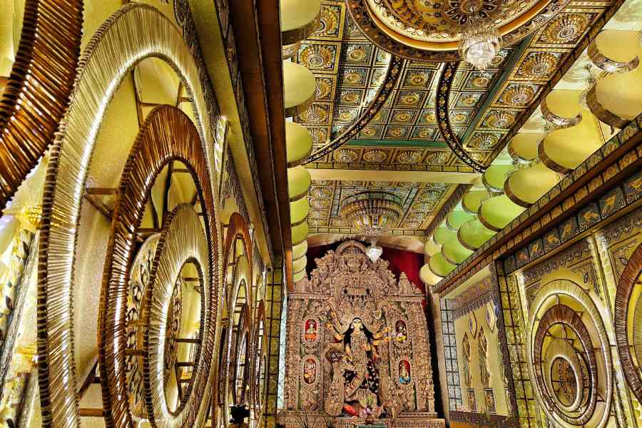 The puja pandal, themed around Bengal’s timeless art of “Chalchitra,” stood resplendent with royal-inspired interiors, merging devotion, artistry and heritage in a striking tribute to tradition
