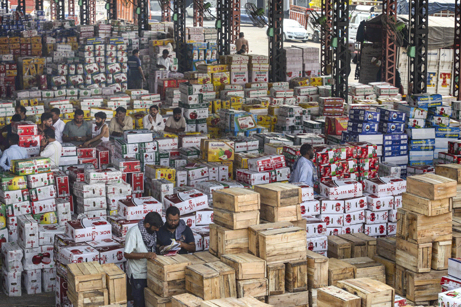 Apple traders at Jammu fruit market, in Jammu, Jammu and Kashmir, Tuesday, Sept. 16, 2025.